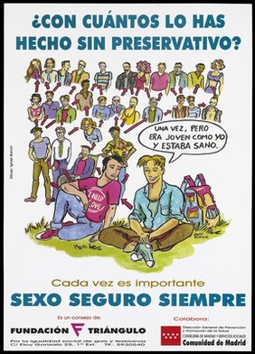 A man sitting beside a rucksack with an arrow pointing to the man beside him who in turn has arrows pointing to his and, in turn, their ex-sexual partners beyond to suggest the dangers of having unprotected sex; an advertisement by the Fundación Triángulo in a collaboration with the Comunidad de Madrid. Colour lithograph by Ignasi Blanch, ca. 1997.