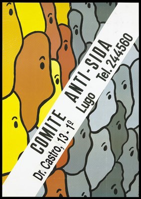 The profiles of numerous mouthless faces, half in orange and yellow, the other in grey representing an advertisement for the contact details of the Comité Anti-SIDA in Lugo. Colour lithograph, ca. 1997.