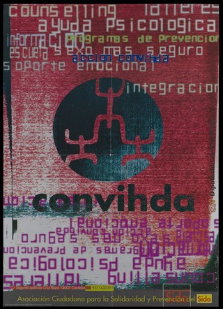 Interconnecting figures within a black circle with the words 'counselling ... ayuda, psicologica ... oporte, emocional, integracion' above and repeated in reverse below; an advertisement for the counseling services offered by the Asociación Ciudadana para la Solidaridad y Prevención del SIDA [ the Civic Association for Solidarity and AIDS Prevention]. Colour lithograph, ca. 1997.