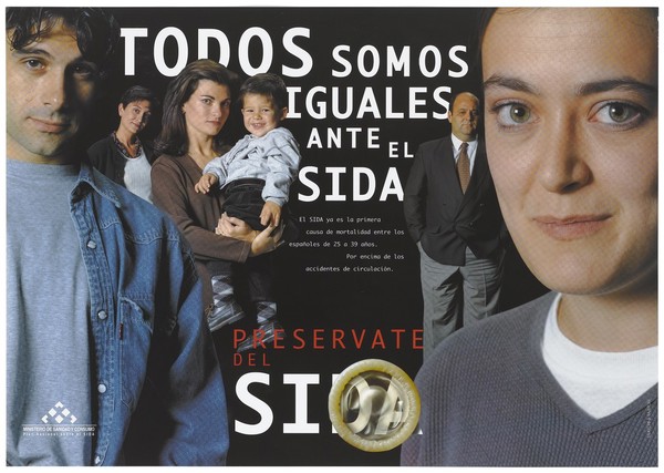 A woman stands in the foreground on the far right, a man in a denim shirt on the far left with a woman and child, a man in a suit and a further woman behind them; an advertisement for AIDS prevention by the Ministry of Social Affairs and Health Consumption in Spain. Colour lithograph, ca. 1996.