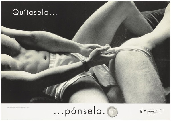 A man lying back in boxer shorts pulls off the briefs off the bottom of a man disappearing to the right representing an advertisement for safe sex to prevent AIDS by the Ministry of Social Affairs and Health Consumption in Spain. Colour lithograph, ca. 1997.