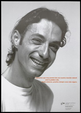 A smiling man wearing a white t-shirt representing an advertisement for safe sex to prevent AIDS by the Coordinadora gai-lesbiana. Colour lithograph, ca. 1997.