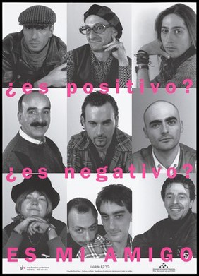 Mug shots of men, a woman and a gay couple representing an advertisement for 'Cuídate '95', the "Look after yourself '95" AIDS prevention campaign by the Coordinadora gai-lesbiana. Colour lithograph by Ricard Marin and Louis Pastoor, 1995.