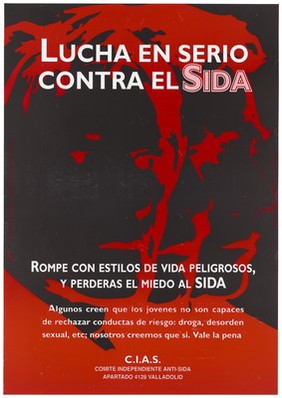 The negative impression of 3 profile male faces in red and black with a message about the need to fight against AIDS and risky behaviour; an advertisement by the Independent Anti-AIDS Committee in Valladolid. Colour lithograph.