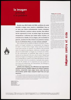 An information sheet about an anti-AIDS poster exhibition designed and produced by Artis as part of a collaboration with the Unesco/WHO AIDS prevention education programme. Colour lithograph by Bruno Ughetto, ca. 1990's.