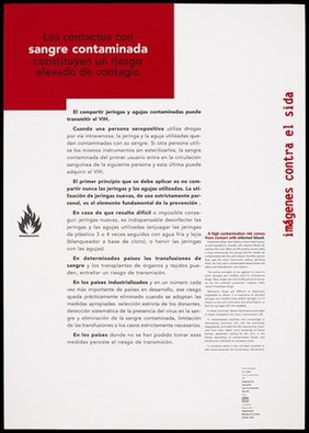 An information sheet about an anti-AIDS poster exhibition designed and produced by Artis as part of a collaboration with the Unesco/WHO AIDS prevention education programme; with explanation about the risk of contamination from infected blood. Colour lithograph, ca. 1990's.