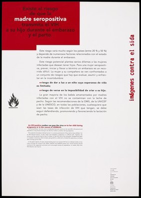 An information sheet about an anti-AIDS poster exhibition designed and produced by Artis as part of a collaboration with the Unesco/WHO AIDS prevention education programme; with explanation about the contamination risks of HIV infected women to their children through pregnancy and childbirth. Colour lithograph, ca. 1990's.