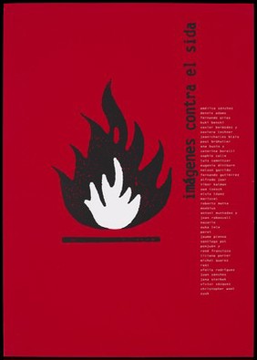 A black and white flame against a red background, with a list of artists' names; advertising the exhibition "Imágenes contra el SIDA". Colour lithograph by Peret, 199-.