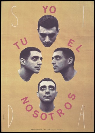 Four views of the head of a man surrounded by the words 'me, you, him, us' in spanish and the letters 'SIDA' in each corner; advertising the danger of AIDS. Colour lithograph by Jaume Plensa and Lluis Bover, ca. 1994.