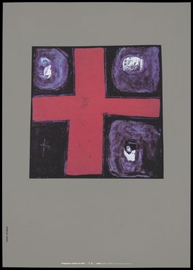 A red cross with painted noughts bearing images of AIDS patients and a cross representing their presumed death; advertising the danger of AIDS. Colour lithograph by Víctor Vázquez, [1995].