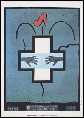 A cross with the horizontal line representing a book bearing 2 impressions of an identical hand wearing a ring; a red shoe above and faded images sewn at the edges including a bike, a crab and an upside down figure feature along the bottom edge; advertising the danger of AIDS. Colour lithograph by Ofelia Rodriguez, 1994.