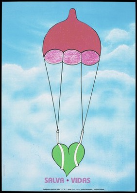 A green heart being hoisted up in a red parachute with the teat-like end similar to that of a condom and the words 'Salva Vidas [saves lives]; advertising the danger of AIDS. Colour lithograph by Xavier Bermúdez/Lechner, [1995].