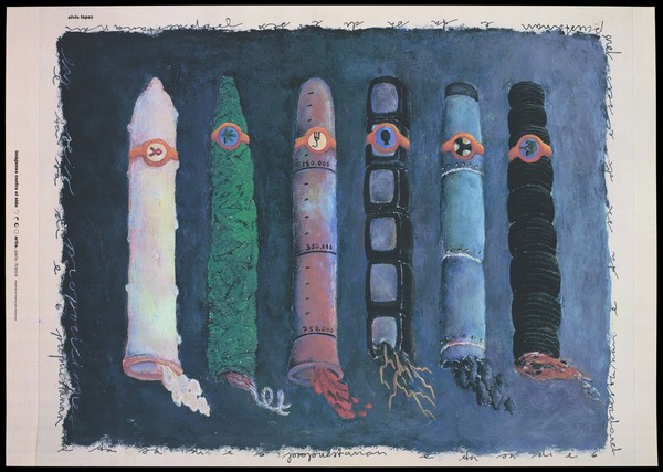 A variety of 6 condoms arranged horizontally in the guise of rockets with a border of lettering incorporating the repeated words '6 proposicións' [6 propositions; advertising the danger of AIDS. Colour lithograph by Elvis López, [1995].
