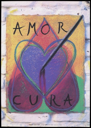 A purple heart within an upside-down heart that could also resemble a man's genitals; the heart is pierced by a black spike coming in from the right spilling blood-like fluid; advertising the danger of AIDS. Colour lithograph by Ouka Lele, ca. 1995.