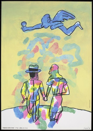 A couple walking hand-in-hand as a blue winged angel hovers above them; advertising the danger of AIDS. Colour lithograph by Antonio Seguí, 1994.