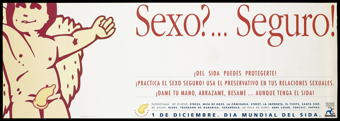 A winged angel wearing a condom with one arm outstretched and the message 'Sex? ... Sure!'; a safe sex advertisement to mark World AIDS Day on 1st December 1993?. Colour lithograph by Ricardo Basurto, 1993.