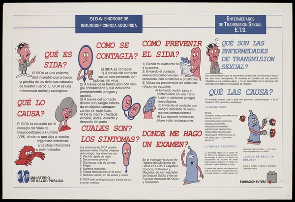 A man, woman, a red furry personified form of the HIV virus, a personified male symbol and condom illustrate the facts about AIDS, how it is caused and how to prevent AIDS; an information poster issued by the Ministerio de Salud Publica and the Fundación Futura in Ecuador. Colour lithograph, ca. 1996.