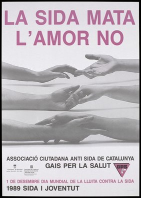 Three sets of arms joining hands, advertising World AIDS Day in Catalonia on 1 December 1989. Colour lithograph, 1989.