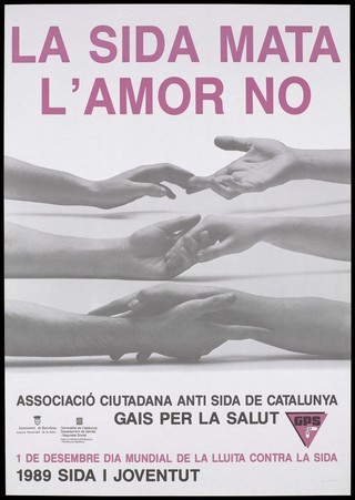 Three sets of arms joining hands, advertising World AIDS Day in Catalonia on 1 December 1989. Colour lithograph, 1989.