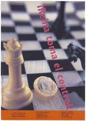 A queen chess piece next to a condom on a chess board with the diagonal statement in Spanish 'Queen takes control'; advertising the danger of AIDS. Colour lithograph by Ana Busto/Caterina Borelli, ca. 1994.