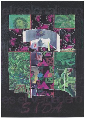 A cross incorporating a montage of pink heart muscles, pink triangles, crossed red and green squares, the AIDS red ribbon on a stamp, flowers, a hand and a version of the American flag; on a background coloured in green crayon incorporating a montage of photographs including Christ's head of thorns and a hand injecting a syringe into an arm; on a further black background bearing the brown lettering: 'el colonialismo' [colonialism]; advertising the danger of AIDS. Colour lithograph by Juan Sánchez, ca. 1995.