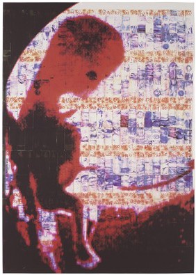 A red and black impression of a foetus and and umbilical cord within a womb incorporating a series of orange numbers and purple paint marks; advertising the danger of AIDS. Colour lithograph by Fernando Arias, ca. 1995.
