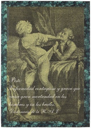 A stippled impression of a woman pulling away from a man on a bed pulling her skirt up; advertising the danger of AIDS. Colour lithograph by Eugenio Dittborn, ca. 1995.