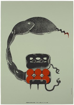 A phone receiver [?] in the form of a creature with tails as antennae, and a body comprising an egg box opened to reveal 6 red eggs as the telephone digits [?]; advertising the danger of AIDS. Colour lithograph by Raúl, ca. 1995.