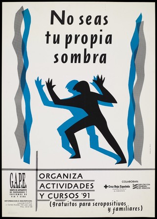A black and blue figure appear to dance with arms raised between parallel black and blue lines either side of them representing an advertisement for G.A.P.E., a group for those with HIV and AIDS in Zaragoza [?]. Colour lithograph by Orravan Aicul Oñesid.