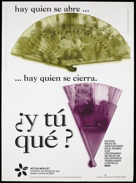 Two fans, one coloured green and open bearing photographs of children and couples, the other purple and closed bearing a photograph of a naked woman crouching by an open window, a fist and a used condom; an advertisement for volunteers working on the AIDS cause by Actua Mollet. Colour lithograph by Isabel Real Gayo and ICS &ICS Publicitat-Mollet, 1995.