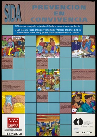 Seven scenes illustrating the importance of solidarity within the family in the face of AIDS within a grid like structure; an advertisement by the Comunidad de Madrid and Comité Ciudadano Anti-SIDA. Colour lithograph, 1990.
