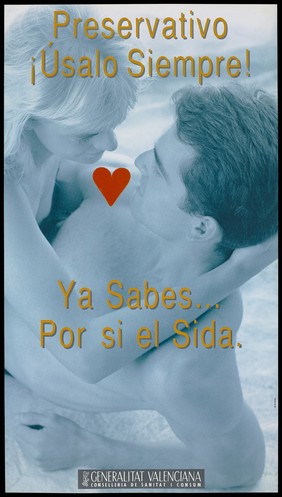 A woman leans down towards a man with a red heart between them; a safe sex advertisement by the Generalitat Valenciana Conselleria de Sanitat i Consum. Colour lithograph by Accion, ca. 1997.