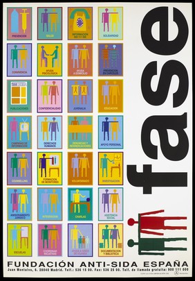 A series of figures, some alone, some in couples often with one arm extended to the other, within multi-coloured boxes representing the support services offered by Fase, the Fundación Anti-SIDA España, in Madrid. Colour lithograph, ca. 1996.