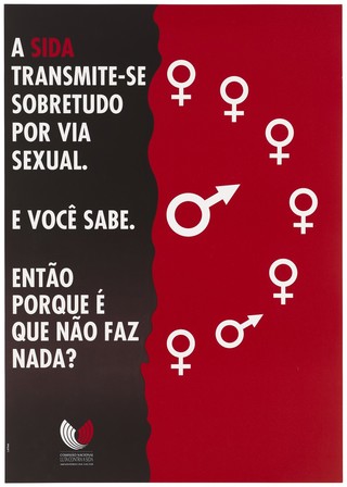 White male and female symbols on red arranged as if the right side of a clock with the male symbol as the hands; with a message in Portuguese about how AIDS is transmitted through [unprotected] sexual contact; an advertisement by the Comissào Nacional Luta Contra la SIDA, Ministério de Saúde. Colour lithograph by Latina, ca. 1995.
