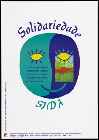 A two-tone green and blue face with yellow eyes and two red hands shaking and text on either cheek; an advertisement for solidarity in the face of AIDS for drug dependents by the Fundação Portuguesa para o Estudo with the help of the Comissão Nacional de Luta Contra a SIDA. Colour lithograph by Ardecore Design, ca. 1996.