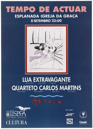 An illustration of a man and woman kissing representing an advertisement for an AIDS benefit music event featuring the Carlos Martins Quartet at the Esplanada Igreja da Graça on 8th September; issued by Abraco, an organisation providing services in the area of AIDS in Portugal. Colour lithograph, ca. 1990's.