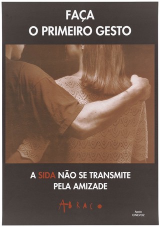 The back view of a man and woman with their arms around each other; an advertisement for the support services provided by the AIDS organisation Abraco. Colour lithograph by Cinevox, ca. 1990's.
