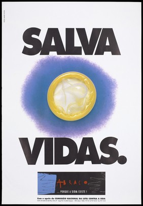 A yellow condom surrounded by a purple background with the message in Portuguese 'Saves lives'; a safe sex advertisement by Abraco. Colour lithograph by Nuno Viera, ca. 1994.