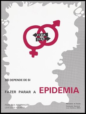 The male and female signs entwined with two arrows at the centre labelled 'SIDA' within a wavy grey border; a leaflet warning about the AIDS epidemic by the Comissão Nacional de Luta Contra a SIDA. Colour lithograph by Publicis Ciesa, ca. 1996.