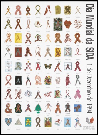 Artists' adaptations of the AIDS red ribbon representing an advertisement for World AIDS Day, 1st December 1994 by the Comissão Nacional de Luta Contra a SIDA. Colour lithograph, 1994.