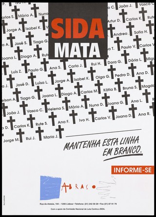 Numerous death crosses in black against a white background with the names of people who have died of AIDS; a warning issued by Abraco. Colour lithograph by McCann/JM, ca. 1996.
