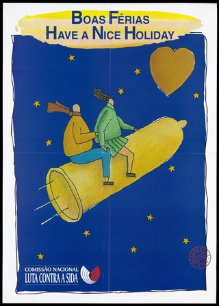 Two people sit astride a yellow condom rocketing into the night sky littered with stars towards a heart with the stamp 'Europe against AIDS'; a safe sex advertisement by the Comissão Nacional Luta Contra a SIDA supported by the European Community. Colour lithograph, ca. 1995.