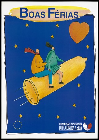 Two people sit astride a yellow condom rocketing into the night sky littered with stars towards a heart'; a safe sex advertisement by the Comissão Nacional Luta contra a SIDA with the support of the European Union. Colour lithograph, ca. 1995.
