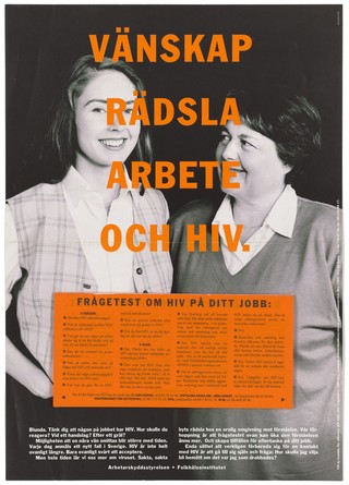 A woman wearing a waistcoat smiles beside another woman who looks at her; a warning about HIV within the work place by the Arbetarskyddsstyrelsen Folkhälsoinstitutet (Swedish National Public Health Insitute). Colour lithograph, ca. 1995.