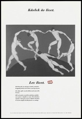 Five naked male figures dance around in a circle joining hands with a verse below in Swedish. Colour lithograph, ca. 1995.