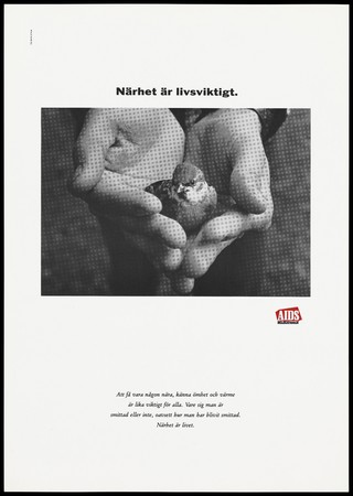A bird sitting in the cupped palms of a pair of hands with a verse below in Swedish. Colour lithograph by Ted Bates, ca. 1995.