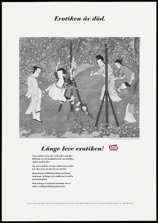 A Chinese painting in which a woman baring her genitals is pushed on a swing towards a man with an erect penis. Colour lithograph, ca. 1989.