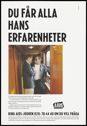 Two gay men meet in a train corridor by an open window with a verse about the importance of safe sex below in Swedish. Colour lithograph by Ted Bates, ca. 1995.