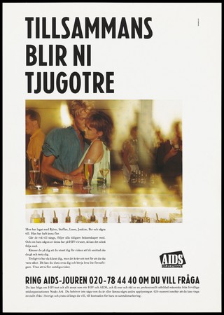 A man and woman caress at a bar with drinks with a verse about the importance of safe sex below in Swedish. Colour lithograph by Ted Bates, ca. 1995.