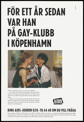 Two young gay men sit holding hands on a sofa before numerous bottles of drink with a block of text about the importance of safe sex below in Swedish. Colour lithograph by Ted Bates, ca. 1995.